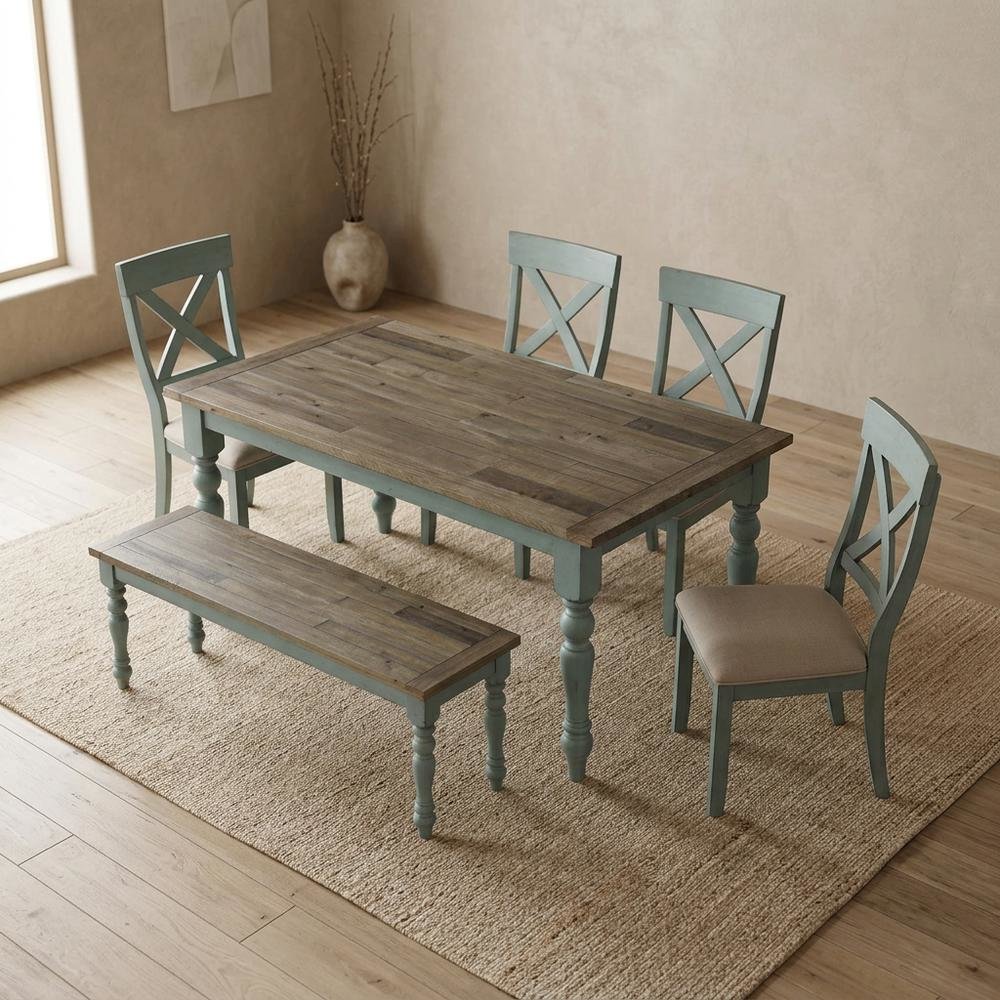 6-Piece Dining Table Set with Cross Back Chairs and Bench in Elegant Finish. Picture 3