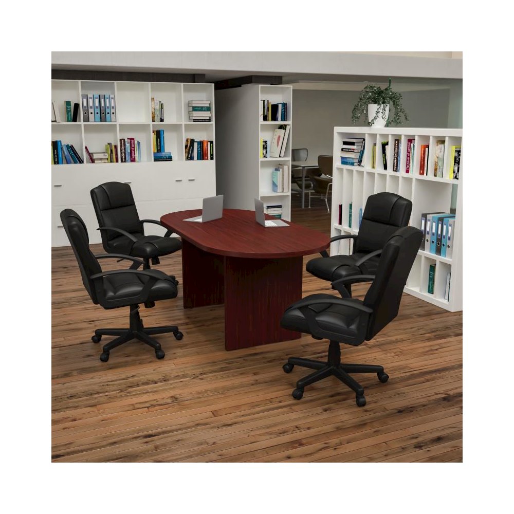 5 Piece Mahogany Oval Conference Table Set with 4 Black LeatherSoft-Padded Task Chairs. Picture 2