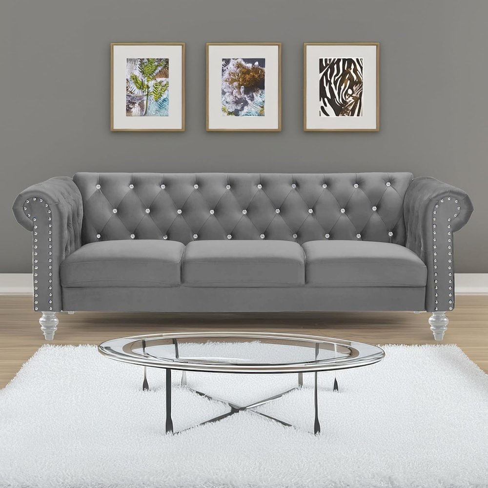 Furniture Emma Velvet Fabric Sofa with Rolled Arms in Gray. Picture 5