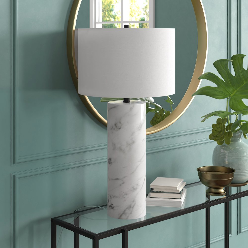 Elise 30"" Tall Table Lamp with Fabric Shade in Marble/Black/White. Picture 5