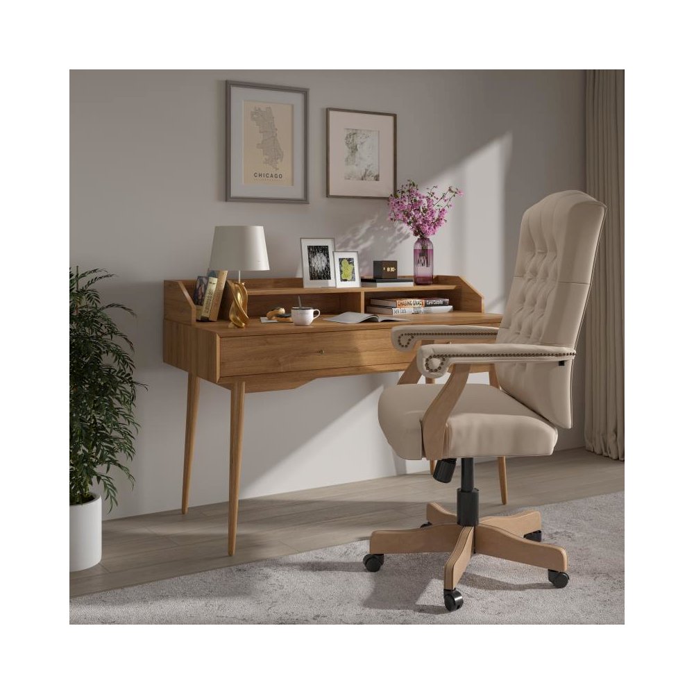Ivory Microfiber Classic Executive Swivel Office Chair with Driftwood Arms and Base. Picture 2