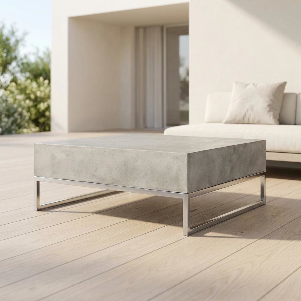 Modern outdoor concrete coffee table with acrylic finish and stainless hardware. Picture 3