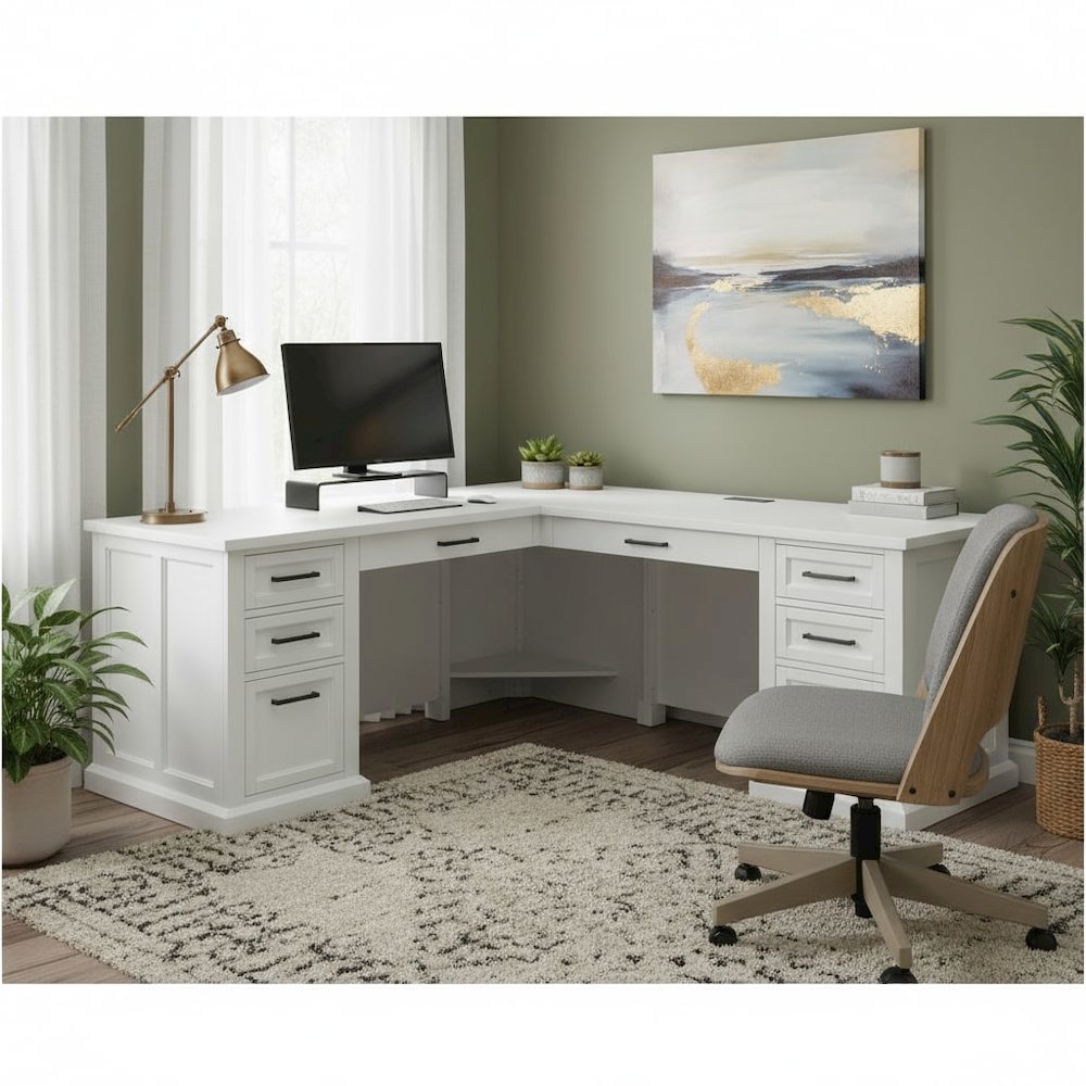 Wood L-Desk & Return, 6 Drawers, 2 Locking Files, Power Center, White. Picture 3