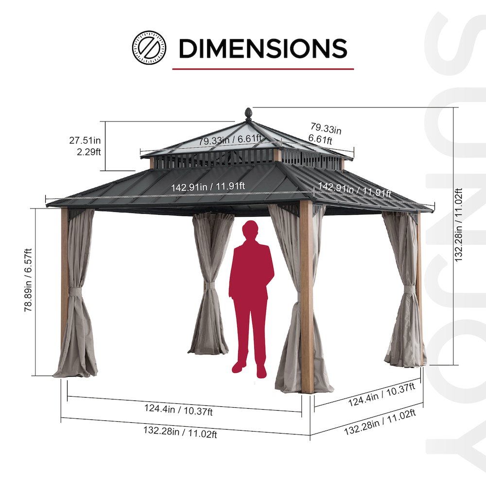 12 ft x 12 ft Kingston Hardtop Gazebo with PC Roof, Brown Aluminum Frame. Picture 7