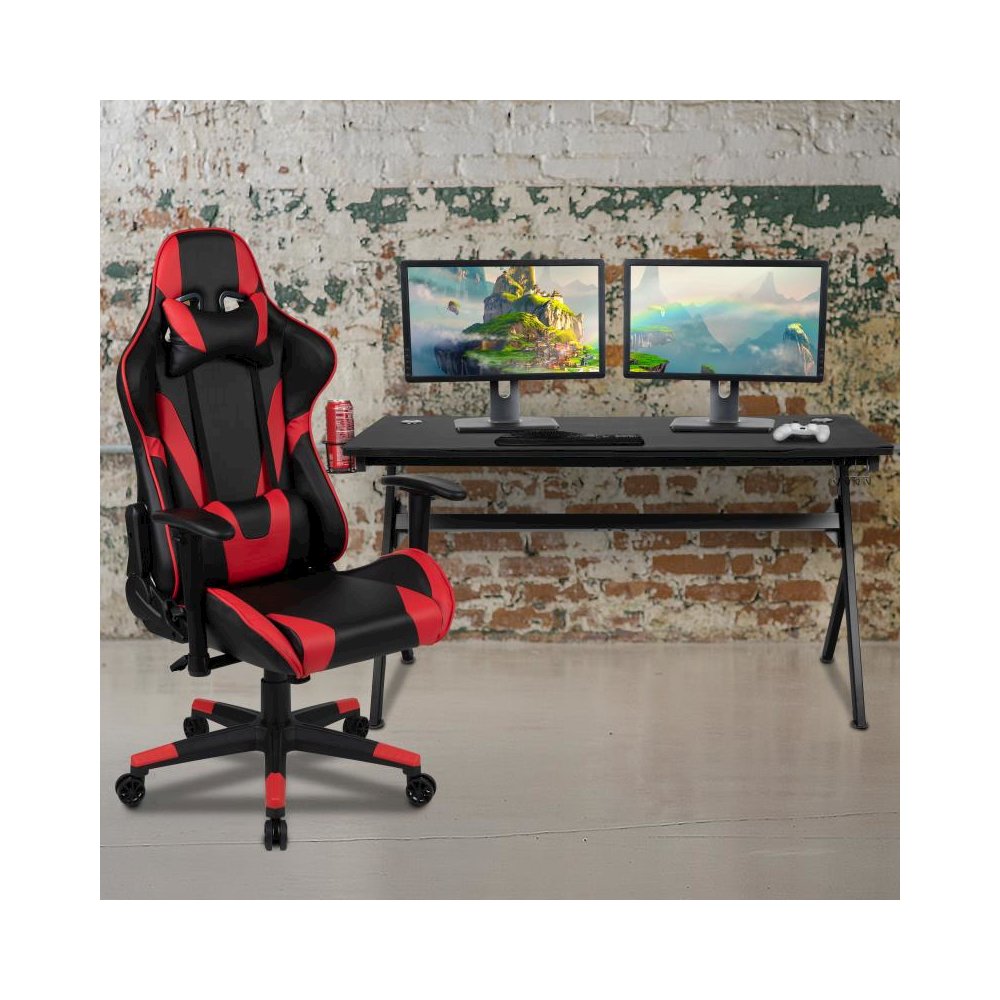 Gaming Desk and Red/Black Reclining Gaming Chair Set /Cup Holder/Headphone Hook/Removable Mouse Pad Top - Wire Management. Picture 2