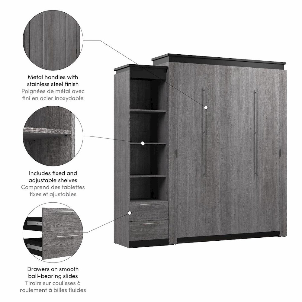 Queen Murphy Bed with Shelves and Drawers (87W) in White and Walnut Grey. Picture 10