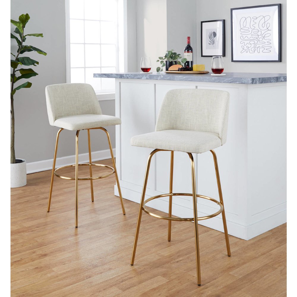 Cream Fabric, Gold Metal Toriano 30" Fixed-Height Barstool - Set of 2. Picture 5