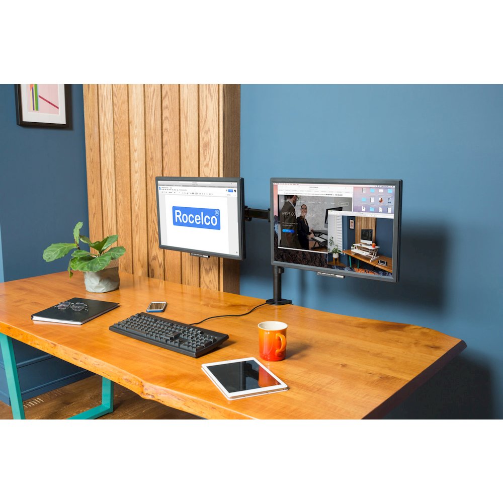 Rocelco Premium Desk Computer Monitor Mount - VESA pattern Fits 13" - 27" LED LCD Dual Flat Screen - Double Articulated Full Motion Adjustable Arm - Grommet and C Clamp - Black (R DM2). Picture 8
