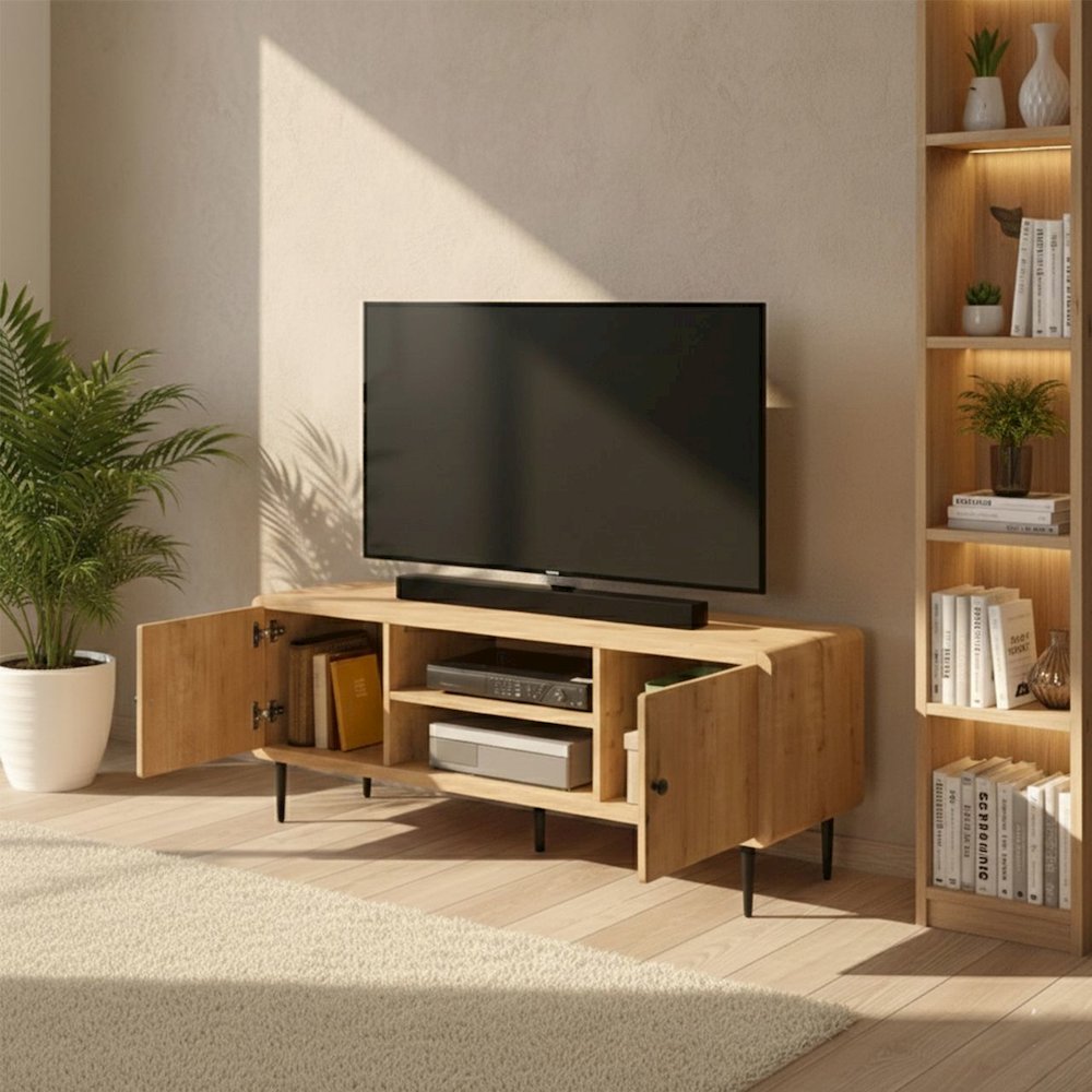 Techni Mobili Mid-Century Modern TV Stand for TV’s Up to 60”, Oak. Picture 12