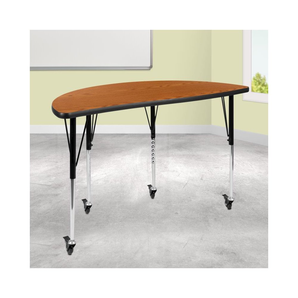 Mobile 47.5" Half Circle Wave Flexible Collaborative Oak Thermal Laminate Activity Table - Standard Height Adjustable Legs. Picture 2