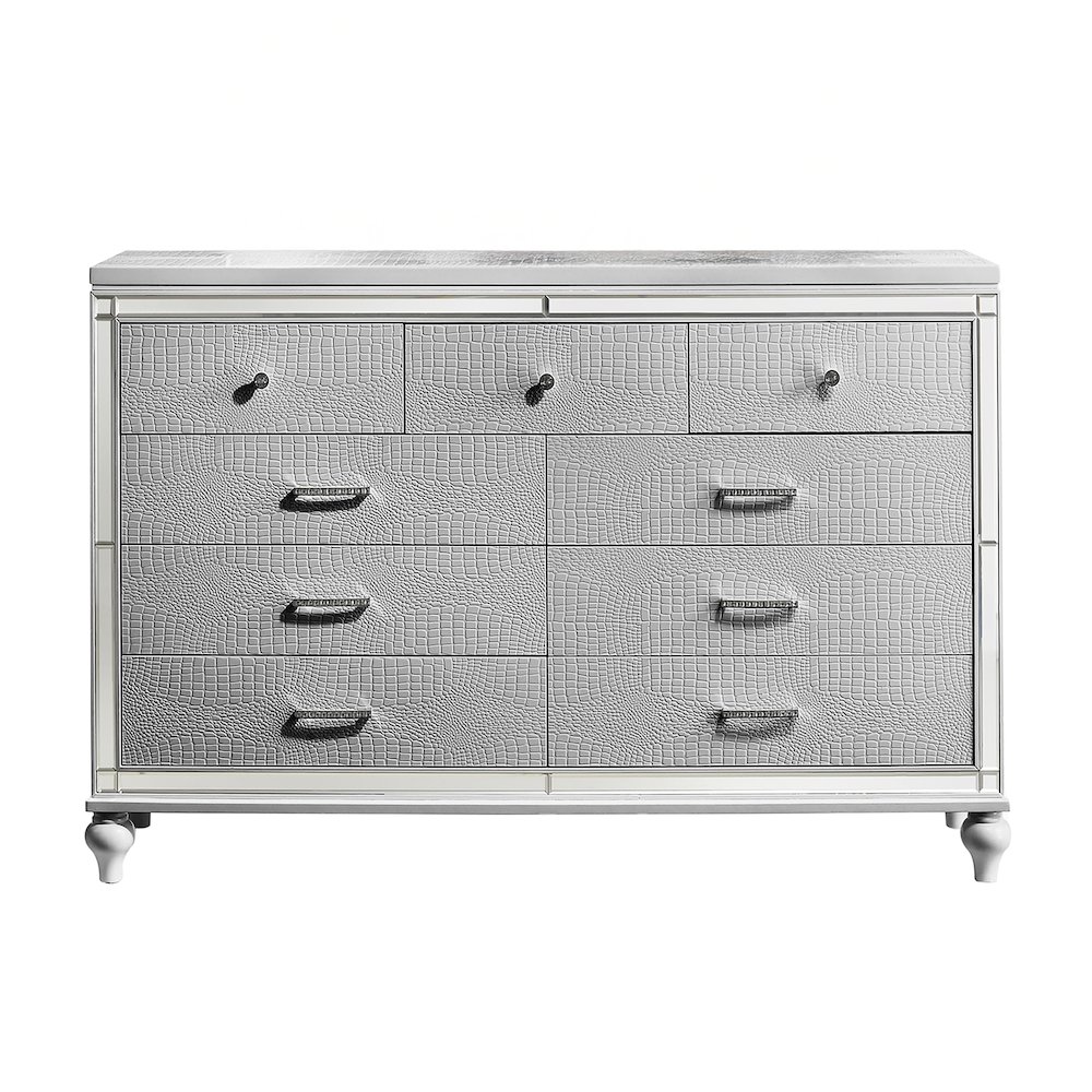 Furniture Valentine Solid Wood Dresser with 9 Drawers in Silver. Picture 6