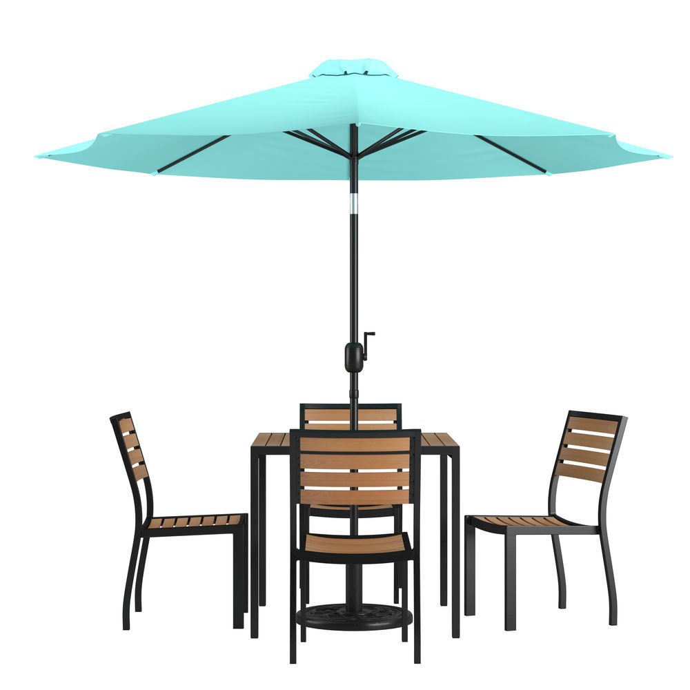 7 Piece All-Weather Deck or Patio Set with 4 Stacking Faux Teak Chairs, 35" Square Faux Teak Table, Teal Umbrella & Base. Picture 1