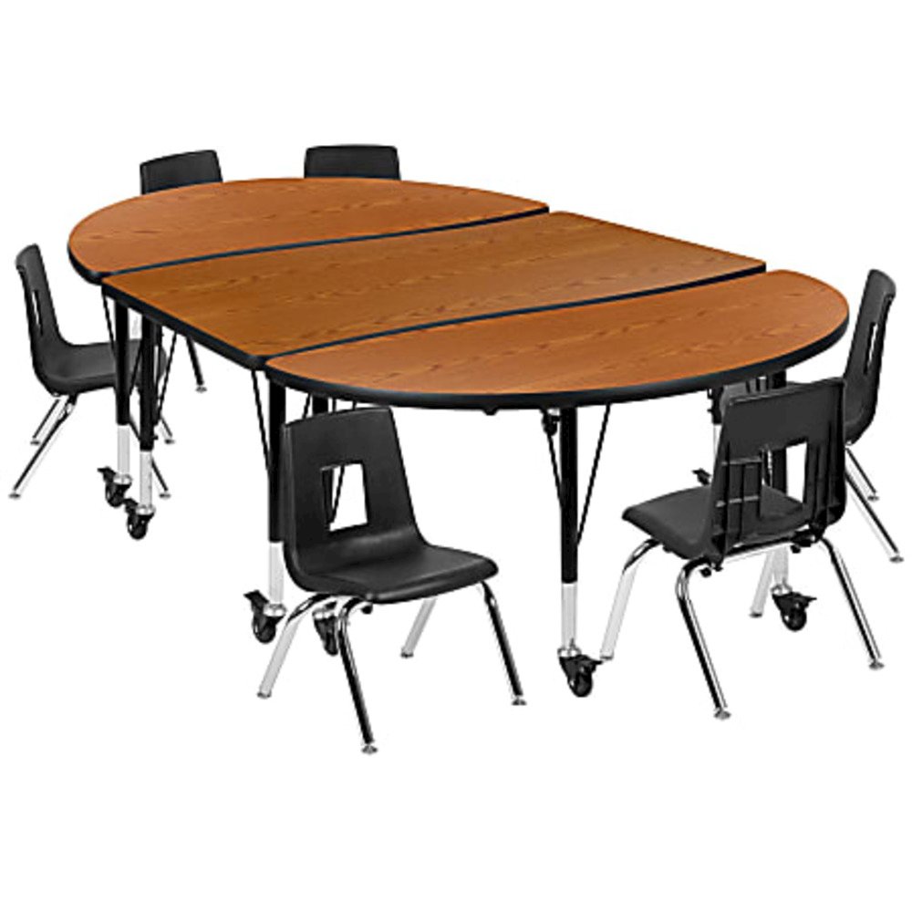 76" Oval Wave Flexible Laminate Activity Table Set with 12" Student Stack Chairs, Oak/Black. Picture 1
