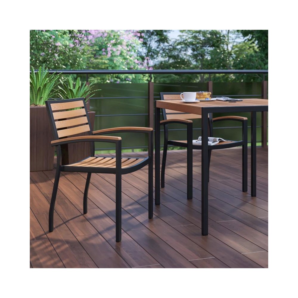 Black Aluminum Patio Chair with Synthetic Teak Slats - Set of 2. Picture 2
