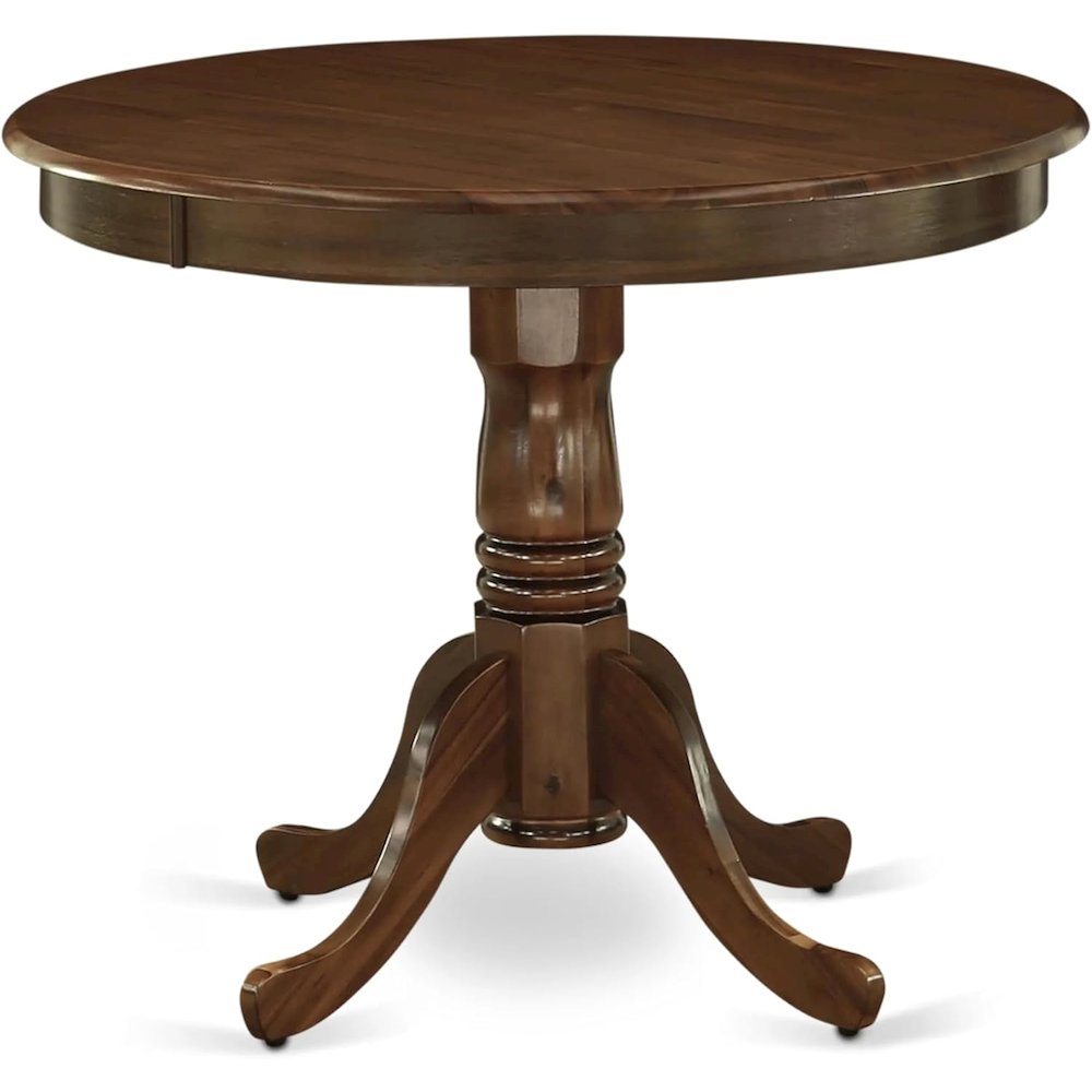 East West Furniture ANDA3-AWA-32 3 Piece Modern Dining Set Consists of a Round Kitchen Table with Pedestal and 2 Padded Chairs, 36x36 Inch, Antique Walnut. Picture 4