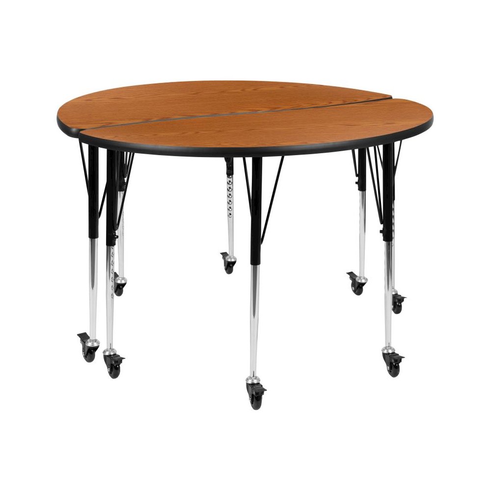 2 Piece Mobile 47.5" Circle Wave Flexible Oak Thermal Laminate Adjustable Activity Table Set. Picture 1