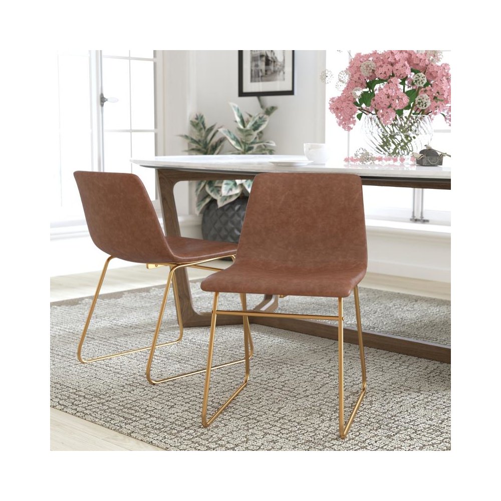 18 inch Dining Table Height Chair, Mid-Back Sled Base Dining Chair in Light Brown LeatherSoft with Gold Frame, Set of 2. Picture 2