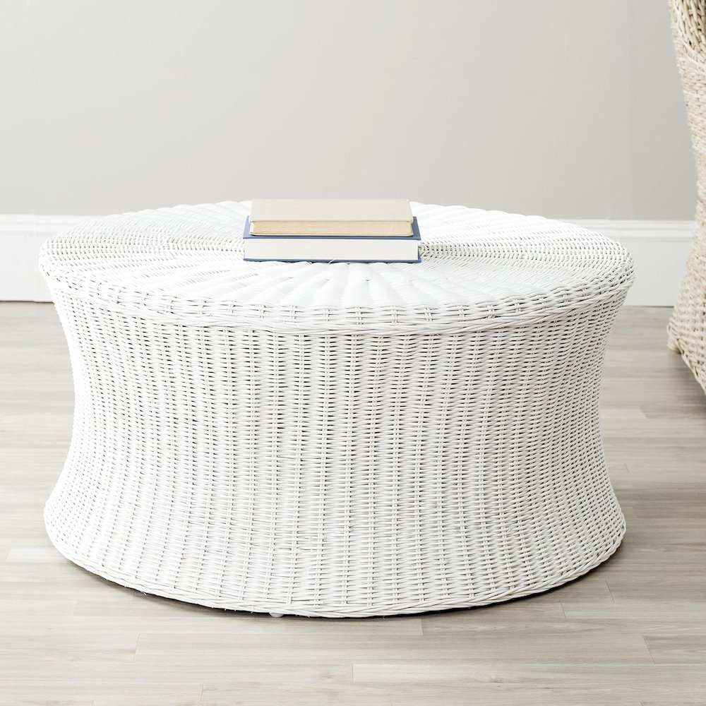 Home Collection Ruxton White Rattan Round Coffee Table Ottoman. Picture 3