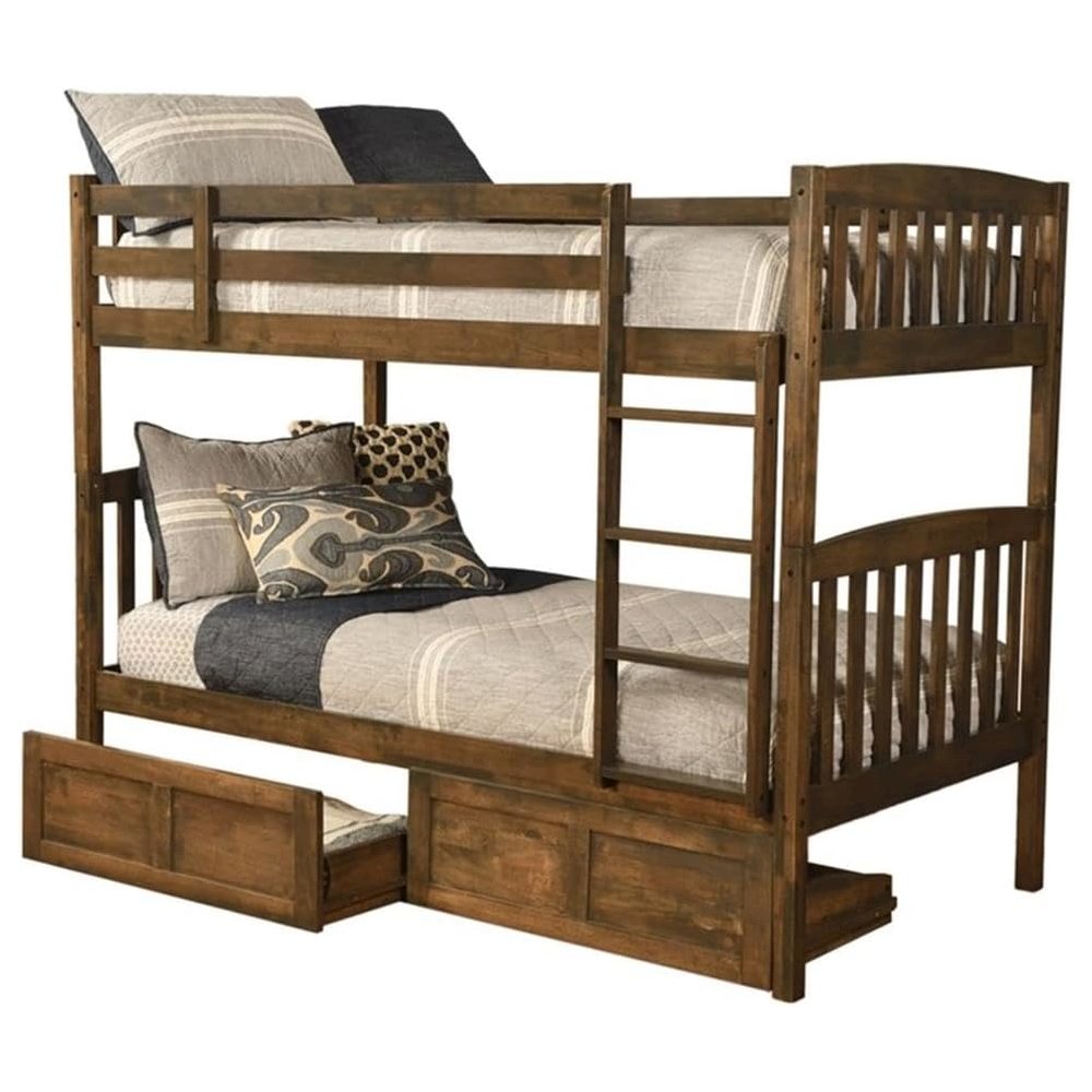 Claire Twin Wood Bunk Bed with Storage in Brown-Mattresses Not Included. Picture 2