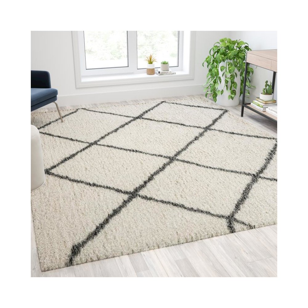 Shag Style Diamond Trellis Area Rug - 8' x 10' - Ivory/Gray Polyester (PET). Picture 2