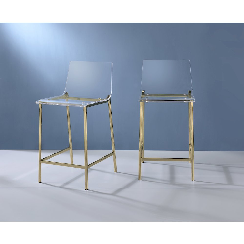 Gold Lucite Acrylic Tall Counter Glam Stool Set of 2. Picture 2