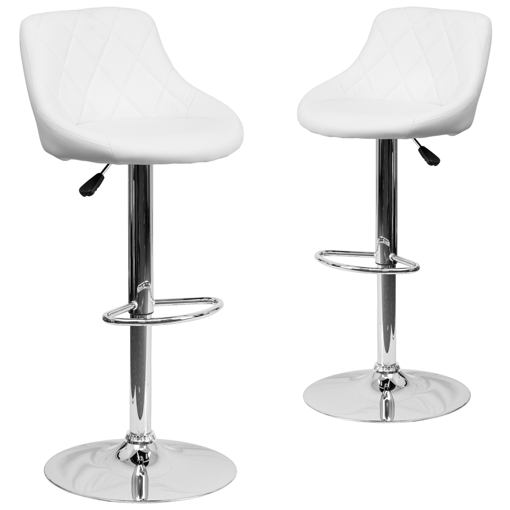 2 Pk. Contemporary White Vinyl Bucket Seat Adjustable Height Barstool with Chrome Base. Picture 1