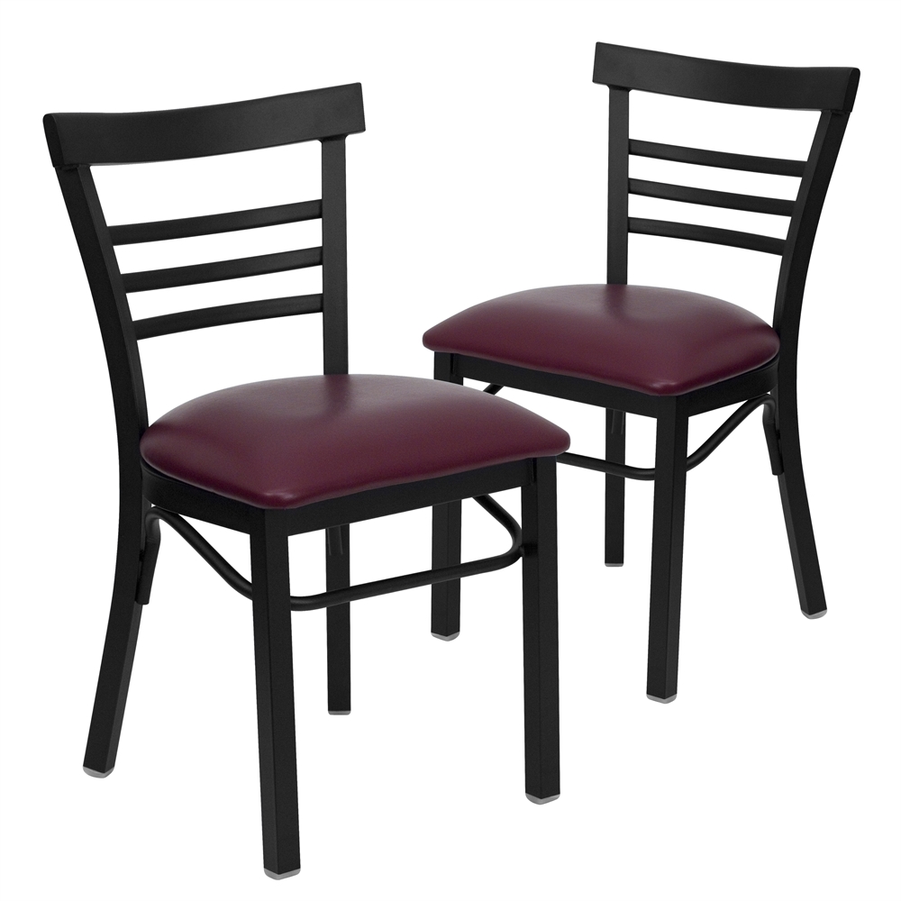 2 Pk. HERCULES Series Black Ladder Back Metal Restaurant Chair - Burgundy Vinyl Seat. Picture 1
