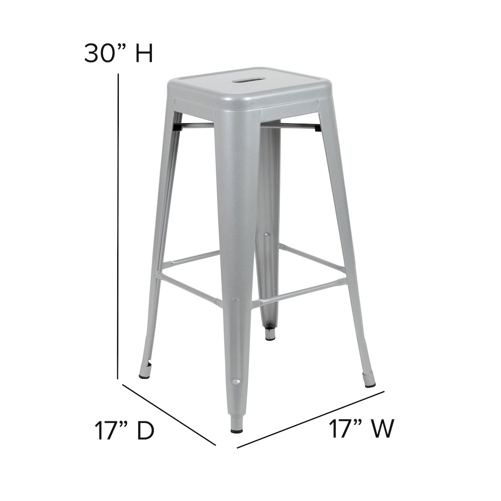 Cierra Set of 4 Commercial Grade 30" High Backless Silver Metal Indoor Bar Height Stools with Gray All-Weather Poly Resin Seats. Picture 6