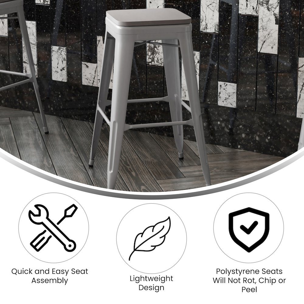 Cierra Set of 4 Commercial Grade 30" High Backless Silver Metal Indoor Bar Height Stools with Gray All-Weather Poly Resin Seats. Picture 5