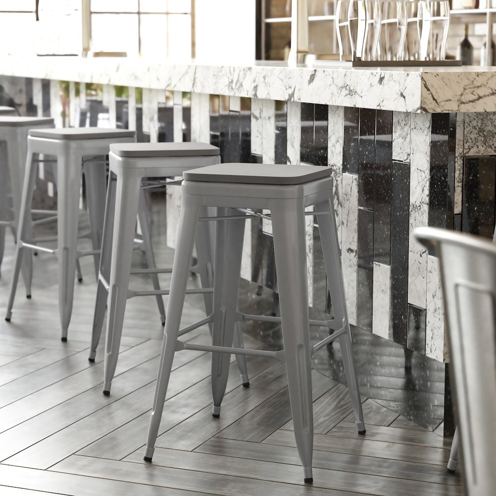 Cierra Set of 4 Commercial Grade 30" High Backless Silver Metal Indoor Bar Height Stools with Gray All-Weather Poly Resin Seats. Picture 4