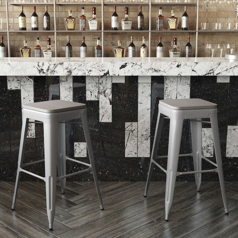 Cierra Set of 4 Commercial Grade 30" High Backless Silver Metal Indoor Bar Height Stools with Gray All-Weather Poly Resin Seats. Picture 8
