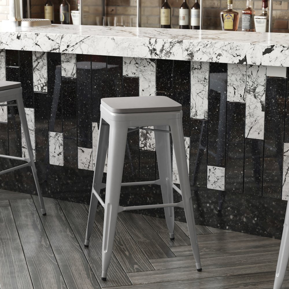Cierra Set of 4 Commercial Grade 30" High Backless Silver Metal Indoor Bar Height Stools with Gray All-Weather Poly Resin Seats. Picture 9