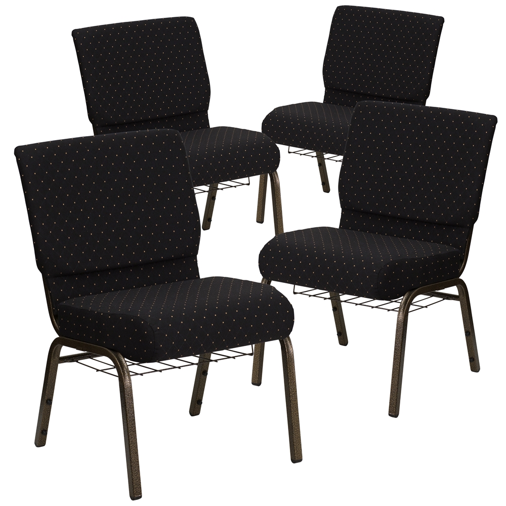 4 Pk. HERCULES Series 21'' Extra Wide Black Dot Patterned Fabric Church Chair with 4'' Thick Seat, Communion Cup Book Rack - Gold Vein Frame. Picture 1