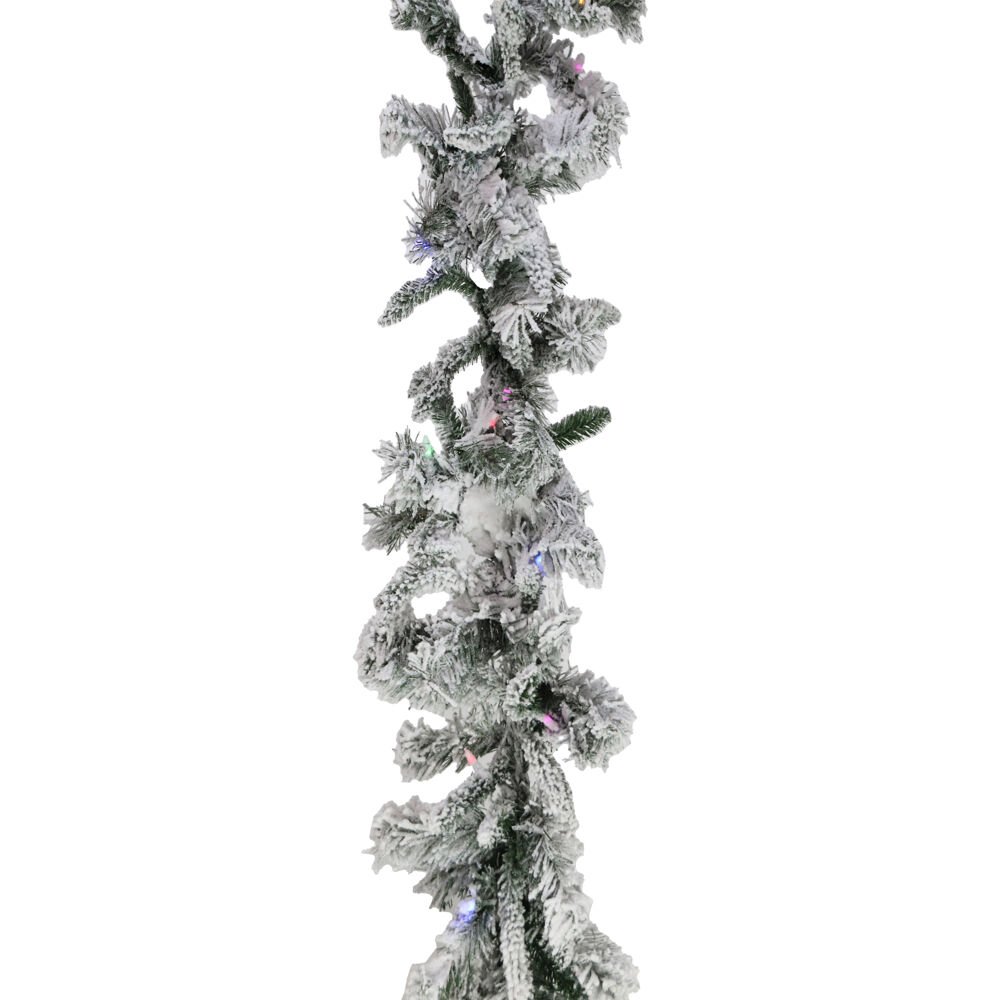 CT 9' White Pine Snowy Garland, 3 Function Dual Color Lights, B/O. Picture 1