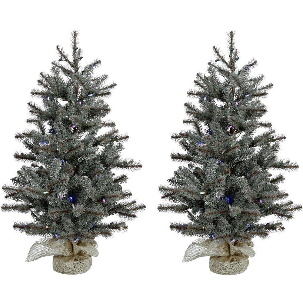 CT 4' Yardville Pine Porch Tree in Burlap Bag, B/O Multi Lights, SET of 2. Picture 1