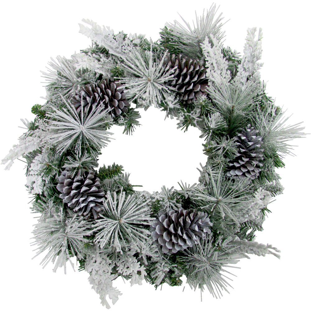 24" Mixed Pine/Pinecone Snowy Wreath. Picture 1