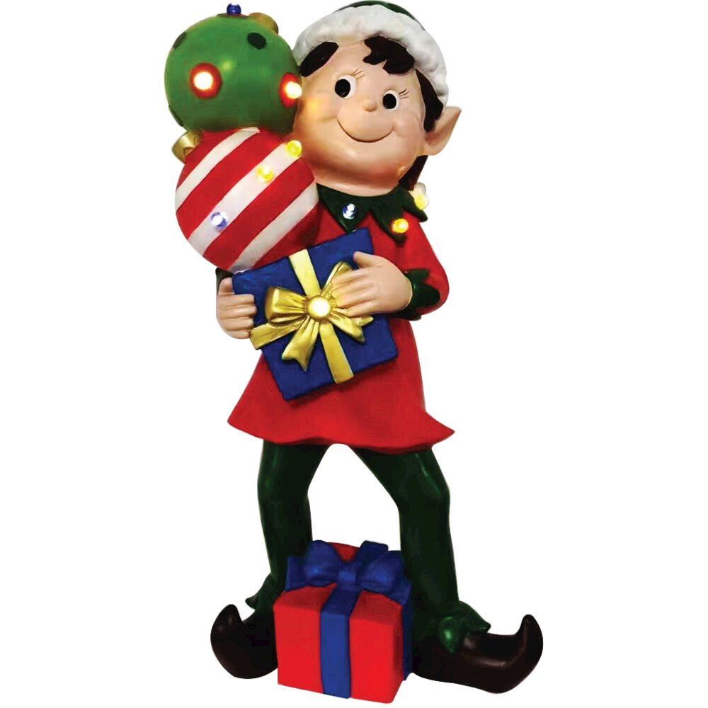 FHF 30" LED Elf Statue Holding Gift and Ornament Stack. Picture 1