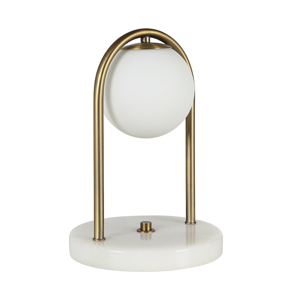 11.75" Tall Dark Antique Brushed Brass Iron Table Lamp with Round Glass Shade. Picture 5