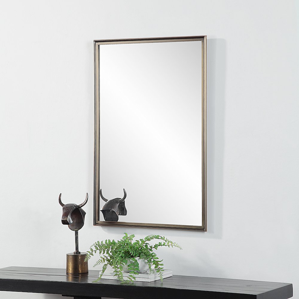 Sandcastle 36" Tall Rectangular Mirror, Antique Brushed Brass. Picture 2