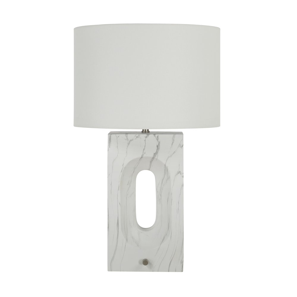 Scriba 27.5" Tall Textured Matte White Resin Table Lamp with Drum Linen Shade. Picture 1
