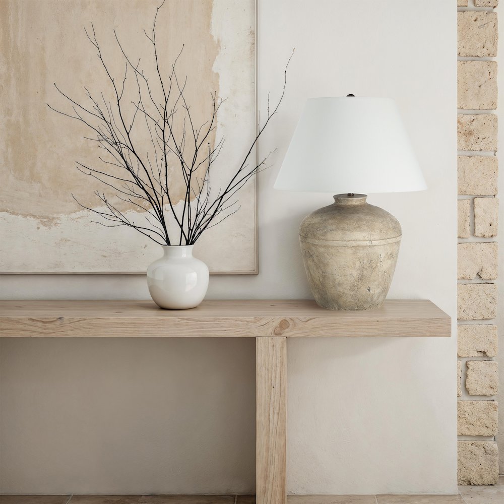 29" Tall Distressed Brown And Beige Ceramic Table Lamp with Tapered Linen Shade. Picture 3