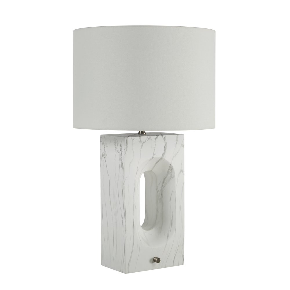 Scriba 27.5" Tall Textured Matte White Resin Table Lamp with Drum Linen Shade. Picture 4