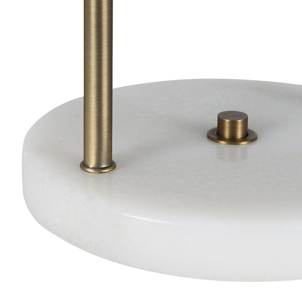 11.75" Tall Dark Antique Brushed Brass Iron Table Lamp with Round Glass Shade. Picture 3