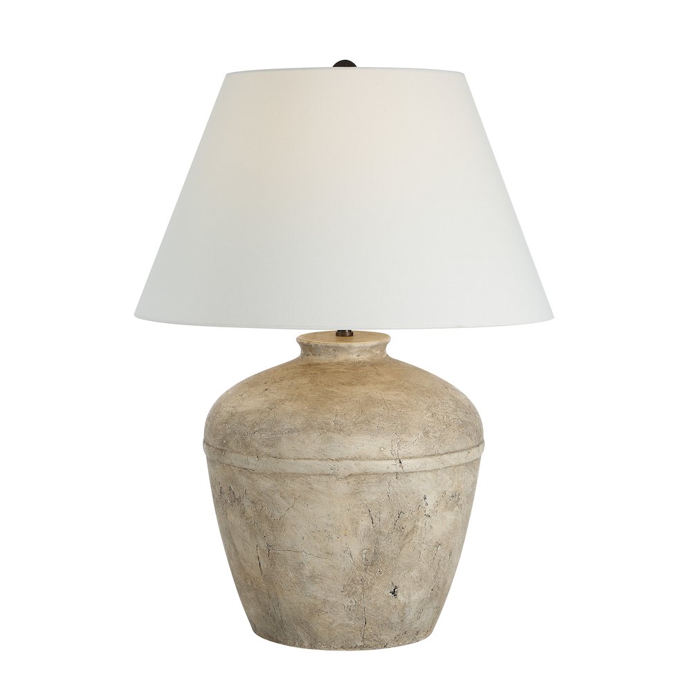 29" Tall Distressed Brown And Beige Ceramic Table Lamp with Tapered Linen Shade. Picture 2