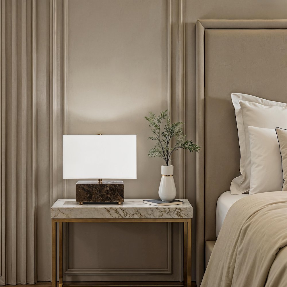 Cabo 11.25" Tall Brown Emperador Marble Table Lamp with Rectangle Linen Shade. Picture 4