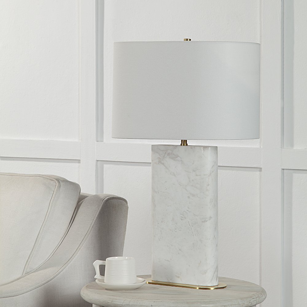 27" Tall Plated Antique Brushed Brass Iron Table Lamp With Drum Linen Shade. Picture 2