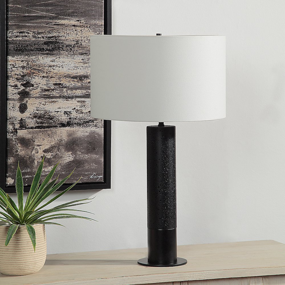 Kampen 28" Tall Matte Black Iron Table Lamp With Drum Linen Shade. Picture 2