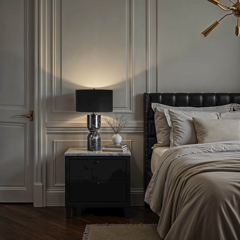 Enri 27" Tall Black Marble Table Lamp with Drum Linen Shade. Picture 3