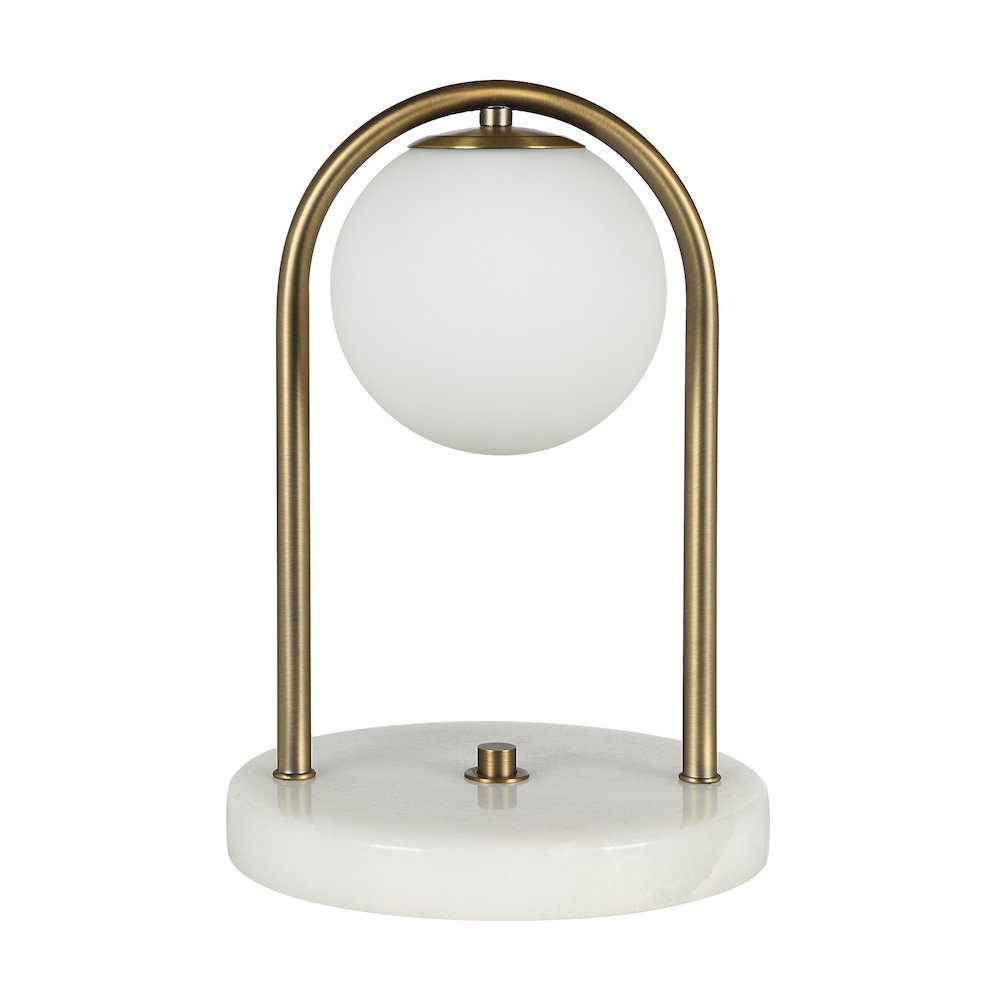 11.75" Tall Dark Antique Brushed Brass Iron Table Lamp with Round Glass Shade. Picture 1