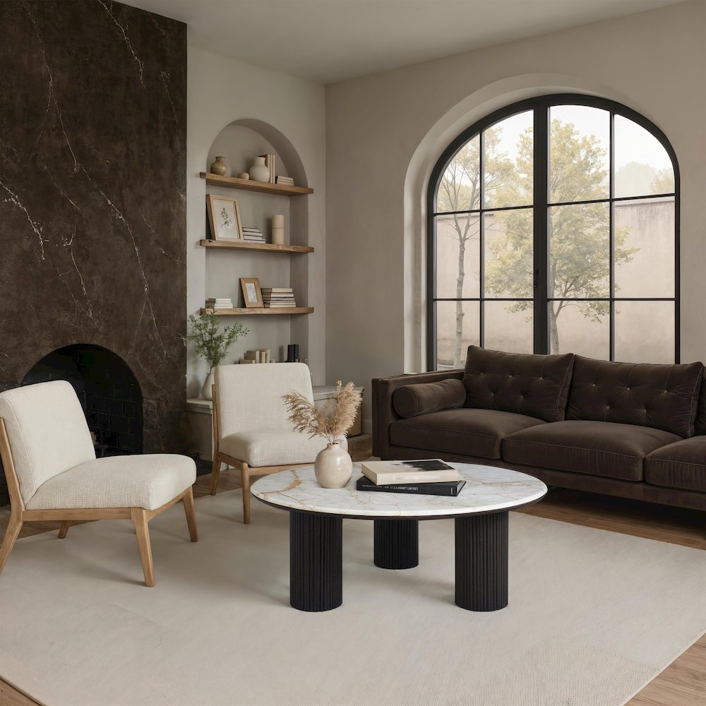 Alessio Indoor Breccia Marble Coffee Table, Walnut. Picture 4